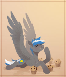 Size: 1920x2225 | Tagged: safe, artist:koviry, oc, oc only, oc:cloud zapper, pegasus, pony, 2018, cheek bulge, colored wings, colored wingtips, commission, crumbs, eating, eyes closed, food, gradient background, gray coat, gray wingtips, imminent gulp, lineless, lying down, male, male oc, muffin, old art, pegasus oc, profile, prone, raised hoof, smiling, solo, spread wings, stallion, stallion oc, tail, two toned mane, two toned tail, two toned wings, wings