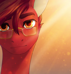 Size: 2000x2107 | Tagged: safe, artist:koviry, oc, oc only, unnamed oc, pony, 2018, brown eyelashes, bust, colored eyelashes, colored pinnae, commission, crepuscular rays, glasses, gradient background, lidded eyes, looking at you, male, male oc, old art, orange eyes, ponysona, red coat, red mane, shiny mane, solo, stallion, stallion oc