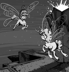 Size: 1008x1048 | Tagged: safe, artist:koviry, oc, oc only, breezie, antennae, black and white, breezie oc, curly mane, curly tail, detailed background, duo, eyelashes, floppy ears, flying, frown, frowning at each other, grayscale, hat, looking at each other, looking at someone, magic, monochrome, mushroom hat, narrowed eyes, outdoors, profile, signature, spread wings, tail, tower, wings, zanzarah: the hidden portal