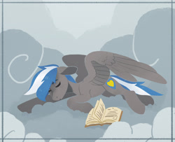 Size: 2293x1858 | Tagged: safe, artist:koviry, oc, oc only, oc:cloud zapper, pegasus, pony, 2018, book, cloud, colored eyebrows, eyes closed, gray coat, lineless, lying down, lying on a cloud, male, male oc, old art, on a cloud, open book, outdoors, partially open wings, pegasus oc, prone, sleeping, sleeping on a cloud, solo, stallion, stallion oc, tail, two toned mane, two toned tail, wings