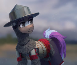 Size: 1779x1500 | Tagged: safe, artist:koviry, oc, oc only, oc:pronoiar glimmer, earth pony, pony, armor, blurry background, brown coat, brown eyes, chainmail, cheek fluff, clothes, coat markings, colored, commission, earth pony oc, eyelashes, facial markings, helmet, kettle hat, looking away, outdoors, shiny eyes, skirt, smiling, snip (coat marking), solo, standing, tail, two toned tail