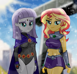 Size: 6642x6360 | Tagged: safe, artist:emeraldblast63, maud pie, sunset shimmer, human, equestria girls, g4, belly, belly button, breast size difference, breasts, busty maud pie, busty sunset shimmer, cape, clothes, cosplay, costume, crossover, dc comics, duo, duo female, female, gloves, legs together, looking at you, midriff, raven (dc comics), reasonably sized breasts, sexy, show accurate, skirt, smiling, smiling at you, starfire, stupid sexy maud pie, stupid sexy sunset shimmer, teen titans, teenager, when she smiles