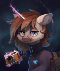 Size: 1800x2128 | Tagged: safe, artist:koviry, oc, oc only, oc:rather, oc:torin vino, pony, unicorn, bag, brown coat, brown mane, bust, camera, cheek fluff, clothes, colored eyebrows, colored pinnae, commission, ear fluff, glasses, glowing, glowing horn, gradient mane, heart, heterochromia, horn, lidded eyes, lineless, long horn, looking at you, magic, male, portrait, round glasses, saddle bag, short mane, smiling, smiling at you, solo, stallion, starry background, telekinesis, turtleneck, unicorn horn, unicorn oc, wingding eyes