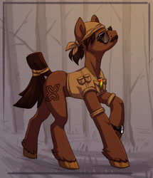 Size: 1666x1937 | Tagged: safe, artist:koviry, oc, oc only, oc:mamadou, earth pony, pony, 2018, abstract background, bandana, brown eyes, brown hooves, brown mane, brown tail, clothes, colored hooves, commission, detached sleeves, earth pony oc, facial hair, hooves, jewelry, looking back, male, male oc, moustache, necklace, old art, ponytail, profile, raised head, safari jacket, shiny mane, shiny tail, shirt, sleeveless, sleeveless shirt, solo, stallion, stallion oc, sternocleidomastoid, sunglasses, tail, tail tie, tied mane, tied tail, unshorn fetlocks, watch