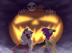 Size: 1106x827 | Tagged: safe, artist:sparkie45, oc, deer, hybrid, pony, unicorn, bill cipher, commission, deadpool, gravity falls, halloween, halloween 2024, happy halloween, holiday, horn, jack skellington, marvel, vgen, ych example, ych result