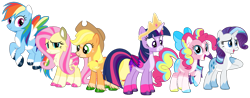 Size: 1829x716 | Tagged: safe, artist:noi kincade, applejack, fluttershy, pinkie pie, rainbow dash, rarity, twilight sparkle, alicorn, earth pony, pegasus, unicorn, g4, alternate design, female, horn, mane six, simple background, transparent background, twilight sparkle (alicorn)