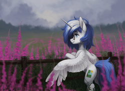 Size: 2747x2000 | Tagged: safe, artist:koviry, oc, oc only, oc:ivan chai, alicorn, pony, 2020, alicorn oc, blue eyes, blue mane, blue tail, colored eyebrows, concave belly, depth of field, detailed background, feathered wings, fence, field, flower, glasses, high res, horn, lidded eyes, old art, outdoors, overcast, profile, rearing, scenery, smiling, solo, spread wings, tail, white coat, wings, wooden fence