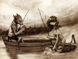 Size: 2361x1805 | Tagged: safe, artist:koviry, oc, oc only, oc:sandy vain, diamond dog, pony, unicorn, 2015, belly, blurry background, boat, can, clothes, collared shirt, diamond dog oc, duo, fishing, fishing rod, frown, glowing, glowing horn, horn, lake, leg hold, looking at something, magic, monochrome, non-pony oc, old art, outdoors, shirt, shorts, sitting, skinny, slender, thin, unicorn oc, water