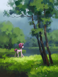 Size: 2188x2872 | Tagged: safe, artist:koviry, oc, oc only, oc:melody (melodylibris), pony, unicorn, commission, concave belly, curly mane, detailed background, eyelashes, female, female oc, flower, forest, forest background, grass, high res, horn, lake, long legs, mare, mare oc, multicolored mane, multicolored tail, nature, outdoors, pink coat, profile, raised hoof, raised leg, scenery, short tail, slender, smiling, solo, tail, thin, tree, two toned mane, two toned tail, unicorn oc, walking, water