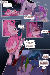 Size: 960x1440 | Tagged: safe, artist:cold-blooded-twilight, pinkie pie, spike, twilight sparkle, dragon, earth pony, pony, unicorn, cold blooded twilight, comic:cold storm, g4, alternate design, bed, belly, belly button, blue balls, blushing, book, comic, crying, dialogue, eyes closed, female, golden oaks library, horn, lesbian, mare, open mouth, pinkie sense, running, ship:twinkie, shipping, shrunken pupils, speech bubble, unicorn twilight