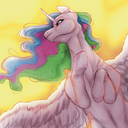 Size: 1666x1666 | Tagged: safe, artist:thelesters, princess celestia, alicorn, pony, g4, female, mare, palindrome get, solo, spread wings, watermark, windswept mane, wings