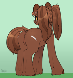 Size: 3000x3200 | Tagged: safe, artist:itsspoops, oc, oc only, oc:chalk, earth pony, pony, butt, butt freckles, cute, ear piercing, earring, featureless crotch, female, freckles, glasses, jewelry, mare, outdoors, piercing, plot, ponified, ponified oc, ponytail, solo, unshorn fetlocks