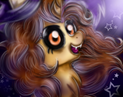 Size: 920x720 | Tagged: safe, artist:mashee, oc, pony, unicorn, bad teeth, black eyeshadow, black sclera, brown mane, cheerful, chest fluff, clothes, costume, curly hair, demon eyes, eyeshadow, female, gradient background, halloween, halloween costume, hat, holiday, horn, long hair, looking at you, luz noceda (the owl house), makeup, moonlight, night, night background, nightmare night, open mouth, original style, patterned background, ponified, ponysona, smiling, solo, stars, the owl house, titan luz, vampire teeth, witch, witch hat, yellow coat