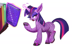 Size: 2000x1333 | Tagged: safe, artist:winpuss, twilight sparkle, pony, unicorn, g4, book, female, magic, mare, simple background, solo, telekinesis, unicorn twilight, white background