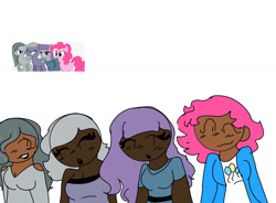 Size: 1575x1161 | Tagged: safe, artist:blitztheheadgoge, limestone pie, marble pie, maud pie, pinkie pie, human, pony, g4, dark skin, humanized, pie sisters, siblings, sisters