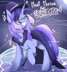 Size: 3849x4105 | Tagged: safe, artist:toxikil, oc, oc only, oc:flawless sparklemoon, pony, unicorn, my little pony the movie: the death of twilight sparkle, abstract background, cloak, clothes, fusion, fusion:trixie, fusion:twilight sparkle, fusion:twixie, hat, horn, looking at you, magician outfit, raised hoof, solo, sweat