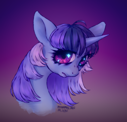 Size: 2520x2412 | Tagged: safe, artist:mammalian_alien, oc, oc only, oc:flawless sparklemoon, pony, unicorn, my little pony the movie: the death of twilight sparkle, female, fusion, fusion:trixie, fusion:twilight sparkle, fusion:twixie, gradient background, horn, looking at you, mare, solo