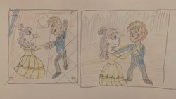 Size: 3094x1742 | Tagged: safe, artist:13mcjunkinm, button mash, sweetie belle, human, equestria girls, g4, alternate hairstyle, beauty and the beast, belle, clothes, comic, cute, dancing, dancing together, diasweetes, dress, duo, ear piercing, earring, equestria girls-ified, evening gloves, female, gloves, gown, holding hands, jewelry, long gloves, looking at each other, looking at someone, male, piercing, ship:sweetiemash, shipping, smiling, smiling at each other, story included, straight, suit, traditional art, waltz