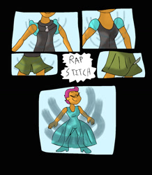 Size: 1024x1174 | Tagged: safe, artist:mojo1985, scootaloo, human, equestria girls, g4, cinderella, clothes, comic, dress, eyes closed, glass slipper (footwear), gown, magic, poofy shoulders, smiling, stitching, transformation, transformation sequence, transforming clothes