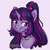 Size: 2100x2100 | Tagged: safe, artist:audreen, twilight sparkle, alicorn, bat pony, bat pony alicorn, bat pony unicorn, hybrid, pony, unicorn, g4, alternate universe, bat ponified, bat wings, bust, choker, chokertwi, fangs, female, horn, jewelry, mane, necklace, ponytail, portrait, purple background, race swap, simple background, smiling, solo, twilight sparkle (alicorn), unicorn twilight, updo, wings