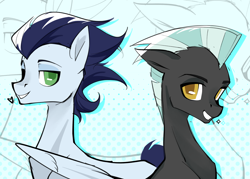 Size: 3500x2500 | Tagged: safe, artist:noz, soarin', thunderlane, pegasus, pony, g4, duo, duo male, grin, heart, looking at you, male, patterned background, smiling, sparkles, stallion, upper body, zoom layer