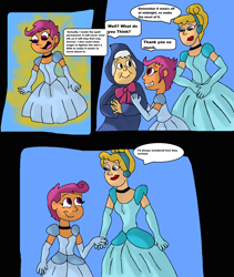 Size: 1280x1520 | Tagged: safe, artist:mojo1985, scootaloo, human, equestria girls, g4, adopted, adopted daughter, adopted offspring, choker, cinderella, clothes, crossover, cute, cutealoo, dialogue in the description, dress, evening gloves, fairy godmother, gloves, gown, grin, hair bun, hairband, hands together, holding hands, lipstick, long gloves, looking at each other, looking at someone, open mouth, open smile, poofy shoulders, scootadoption, scootalove, smiling, smiling at each other, trio