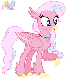 Size: 855x913 | Tagged: safe, artist:royalswirls, fluttershy, silverstream, oc, unnamed oc, classical hippogriff, hippogriff, pegasus, pony, g4, base used, folded wings, fusion, hippogriff oc, jewelry, necklace, open mouth, open smile, simple background, smiling, white background, wings