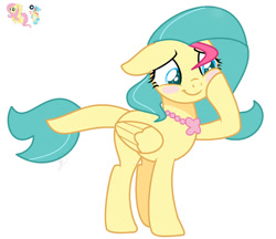 Size: 900x776 | Tagged: safe, artist:royalswirls, fluttershy, princess skystar, oc, unnamed oc, pegasus, pony, seapony (g4), g4, base used, blushing, folded wings, hoof on cheek, interspecies offspring, jewelry, magical lesbian spawn, necklace, offspring, parent:fluttershy, parent:princess skystar, pegasus oc, simple background, white background, wings