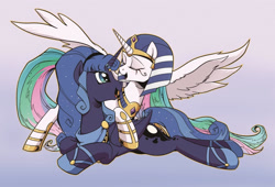 Size: 1843x1252 | Tagged: safe, artist:yukandasama, idw, princess celestia, princess luna, alicorn, pony, g4, reflections, spoiler:comic, alternate hairstyle, alternate universe, artemis luna, duo, duo female, egypt, egyptian, egyptian headdress, egyptian pony, eyes closed, female, gradient background, mare, mirror universe, ra celestia