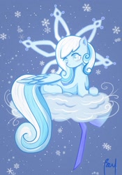 Size: 2100x3000 | Tagged: safe, artist:dangdangxiangdelingdang, artist:当当响的铃铛, oc, oc only, oc:snowdrop, pegasus, pony, blushing, cloud, female, filly, foal, on a cloud, sky background, snow, snowfall, snowflake, solo, text