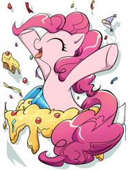 Size: 1239x1654 | Tagged: safe, artist:yukandasama, pinkie pie, earth pony, pony, g4, cake, confetti, cute, diapinkes, female, food, hat, mare, messy, party cannon, party hat, pocket, pocket pony, solo, tiny, tiny ponies