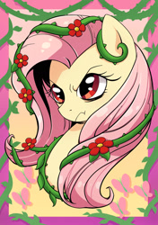 Size: 1204x1712 | Tagged: safe, artist:yukandasama, fluttershy, pony, g4, ponies of dark water, badass, bust, evil fluttershy, female, flutterbadass, looking away, mare, obtrusive watermark, poison ivyshy, portrait, solo, vine, watermark