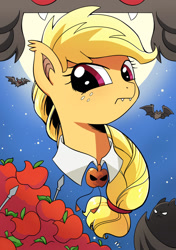 Size: 1204x1712 | Tagged: safe, artist:yukandasama, idw, applejack, bat, bat pony, pony, friendship is magic #33, g4, my little pony: friendship is magic (idw), night of the living apples, spoiler:comic, apple, applebat, bat ponified, braid, female, food, looking at you, mare, race swap, solo