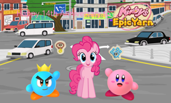 Size: 2043x1226 | Tagged: safe, artist:creedyboy124, artist:kittyhawk-contrail, artist:user15432, pinkie pie, earth pony, pony, g4, anniversary, car, city, crossover, female, kirby, kirby (series), kirby's epic yarn, looking at you, male, open mouth, open smile, outdoors, prince fluff, smiling, smiling at you, van, vehicle