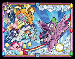 Size: 2400x1900 | Tagged: safe, artist:andy price, idw, applejack, fluttershy, pinkie pie, princess celestia, princess luna, rainbow dash, rarity, spike, twilight sparkle, alicorn, butterfly, dragon, earth pony, pegasus, pony, unicorn, friendship is magic #75, g4, apple, balloon, cloud, comic cover, cover, cover art, dragons riding ponies, female, flying, food, frame, gemstones, horn, looking at each other, looking at someone, looking at you, male, mane seven, mane six, mare, rainbow, riding, riding a pony, smiling, stained glass, sun, sunshine, twilight sparkle (alicorn), wingless spike, wrap around