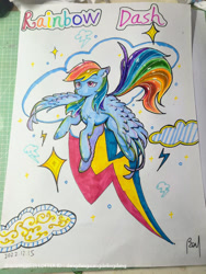 Size: 750x1000 | Tagged: safe, artist:dangdangxiangdelingdang, rainbow dash, pegasus, pony, g4, 2022, female, mare, signature, solo, spread wings, traditional art, wings