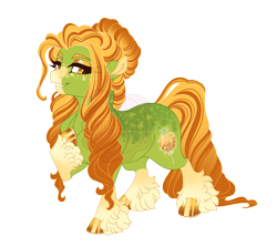 Size: 3739x3331 | Tagged: safe, artist:gigason, oc, oc only, oc:caramel gold, earth pony, pony, adoptable, brown eyelashes, coat markings, colored, colored eyelashes, colored hooves, colored pinnae, colored pupils, dappled, ear fluff, earth pony oc, eye clipping through hair, eyeshadow, facial markings, female, female oc, fetlock tuft, flat colors, freckles, glowing, glowing mane, glowing tail, gold eyeshadow, gold hooves, golden eyes, gradient hooves, gradient legs, gradient mane, gradient tail, green coat, hair bun, high res, hoof on chest, hooves, lidded eyes, long mane, long tail, looking back, makeup, mare, mare oc, obtrusive watermark, raised hoof, shiny hooves, simple background, smiling, snip (coat marking), socks (coat markings), solo, standing, standing on three hooves, stripe (coat marking), tail, thick eyelashes, three quarter view, tied mane, transparent background, unshorn fetlocks, watermark, yellow eyes, yellow eyeshadow