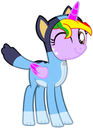 Size: 1248x1726 | Tagged: safe, artist:shieldwingarmorofgod, oc, oc only, oc:starling shield, alicorn, alicorn oc, bluey, bluey heeler, dog costume, fefmale, horn, simple background, solo, transparent background, wings