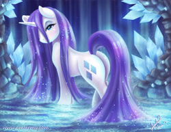 Size: 2786x2153 | Tagged: safe, artist:amelie-ami-chan, rarity, pony, unicorn, g4, butt, crystal, female, hair over one eye, horn, looking at you, mare, plot, solo, water, wet, wet mane, wet mane rarity