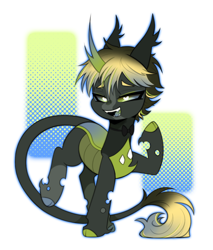 Size: 850x1000 | Tagged: safe, artist:simonsayscry, oc, oc only, oc:copycat, changeling, pony, abstract background, chibi, green changeling, male, solo, stallion