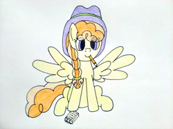 Size: 4032x3016 | Tagged: safe, artist:anonymous, record high, pegasus, g4, braid, eye clipping through hair, female, hair tie, hat, holding a pencil, mare, mouth hold, notebook, pencil, simple background, sitting, spread wings, traditional art, white background, wings