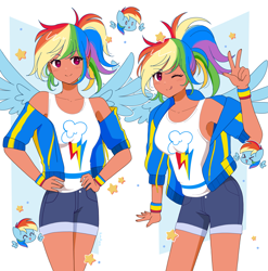 Size: 3545x3591 | Tagged: safe, artist:kittyrosie, kotobukiya, rainbow dash, human, pegasus, pony, g4, :p, bare shoulders, breasts, clothes, cute, dashabetes, female, grin, hoodie, humanized, kotobukiya rainbow dash, mare, multicolored hair, open mouth, peace sign, rainbow hair, shorts, smiling, solo, tan skin, tank top, tongue out, winged humanization, wings