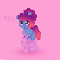 Size: 2480x2480 | Tagged: safe, artist:starburstuwu, misty brightdawn, pony, unicorn, g5, alternate hairstyle, blushing, clothes, cute, daaaaaaaaaaaw, dialogue, female, high res, horn, mare, mistybetes, pink background, raised hoof, rebirth misty, simple background, socks, solo, starburstuwu is trying to murder us, striped socks, talking to viewer, weapons-grade cute