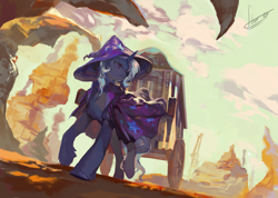 Size: 2555x1819 | Tagged: safe, artist:flarejistar, trixie, pony, unicorn, g4, cape, clothes, cloud, female, hat, horn, mare, outdoors, solo, trixie's wagon, wagon