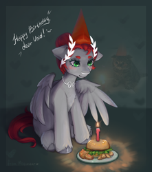 Size: 1504x1700 | Tagged: safe, artist:moewwur, artist:rin-mandarin, oc, oc only, oc:void, pegasus, pony, birthday, burger, candle, choker, female, food, full body, green mane, hair bun, hay burger, jewelry, laurel wreath, mare, necklace, nose piercing, passepartout, pegasus oc, piercing, potato, solo