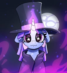 Size: 2139x2357 | Tagged: safe, artist:pabbley, oc, oc only, oc:flawless sparklemoon, pony, unicorn, my little pony the movie: the death of twilight sparkle, bust, cloak, clothes, female, floppy ears, full moon, fusion, fusion:trixie, fusion:twilight sparkle, fusion:twixie, glowing, glowing horn, hat, horn, looking at you, mare, moon, smiling, smiling at you, solo, starry eyes, top hat, wingding eyes