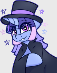 Size: 2028x2592 | Tagged: safe, artist:askhypnoswirl, oc, oc only, oc:flawless sparklemoon, pony, unicorn, my little pony the movie: the death of twilight sparkle, cloak, clothes, female, fusion, fusion:trixie, fusion:twilight sparkle, fusion:twixie, hat, horn, mare, solo, starry eyes, top hat, wingding eyes