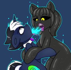 Size: 4704x4640 | Tagged: safe, artist:askhypnoswirl, oc, oc only, oc:hypno swirl, goo, goo pony, original species, unicorn, bowtie, dead eyes, duo, duo male and female, female, horn, male, soul vore, unicorn oc, vore