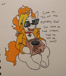 Size: 2844x3299 | Tagged: safe, artist:jargon scott, oc, oc only, oc:dyx, alicorn, pony, alicorn oc, box, choker, clothes, dialogue, female, filly, foal, horn, jacket, open mouth, open smile, seems legit, sitting, smiling, solo, sunglasses, traditional art, underhoof, wings