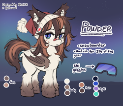 Size: 1500x1300 | Tagged: safe, artist:cuiicie, oc, oc only, oc:powder, bat pony, pony, bandaid, bandaid on nose, bat wings, beanie hat, butt fluff, butt freckles, chest fluff, colored ear fluff, ear fluff, female, fluffy, folded wings, freckles, gradient iris, hat, leg fluff, mare, reference sheet, ski goggles, slit pupils, snow, snowpony, solo, standing, tail, toque, two toned mane, two toned tail, whisker markings, wings